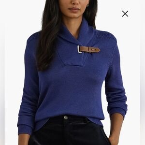 Lauren Ralph Lauren Buckle Shawl Collar Cotton Blend Sweater Charter Blue Xlarge